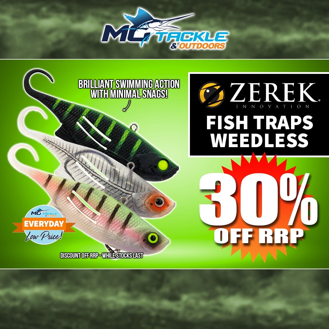 30% off ZEREK WEEDLESS FISH TRAP VIBE LURE 95MM