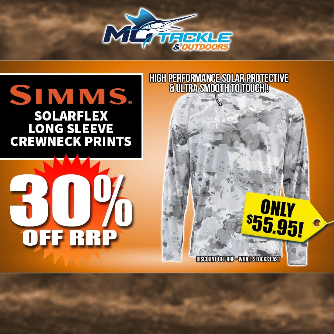 30% off SIMMS MENS SOLARFLEX LONG SLEEVE CREWNECK PRINTS SHIRT