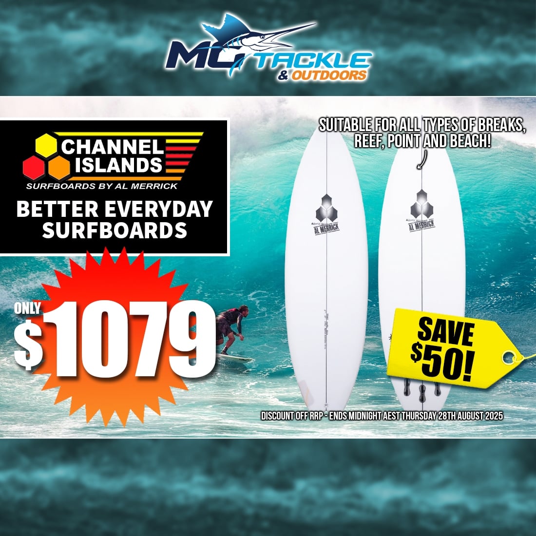 CHANNEL ISLANDS BETTER EVERYDAY SURFBOARD - FCS2 FINS only $1079